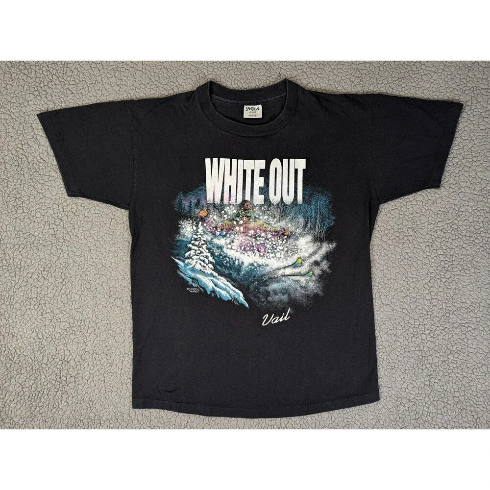 Vintage 90s White Out Ski Vail Colorado Snow T Shirt Mens XL Single Stitch Black